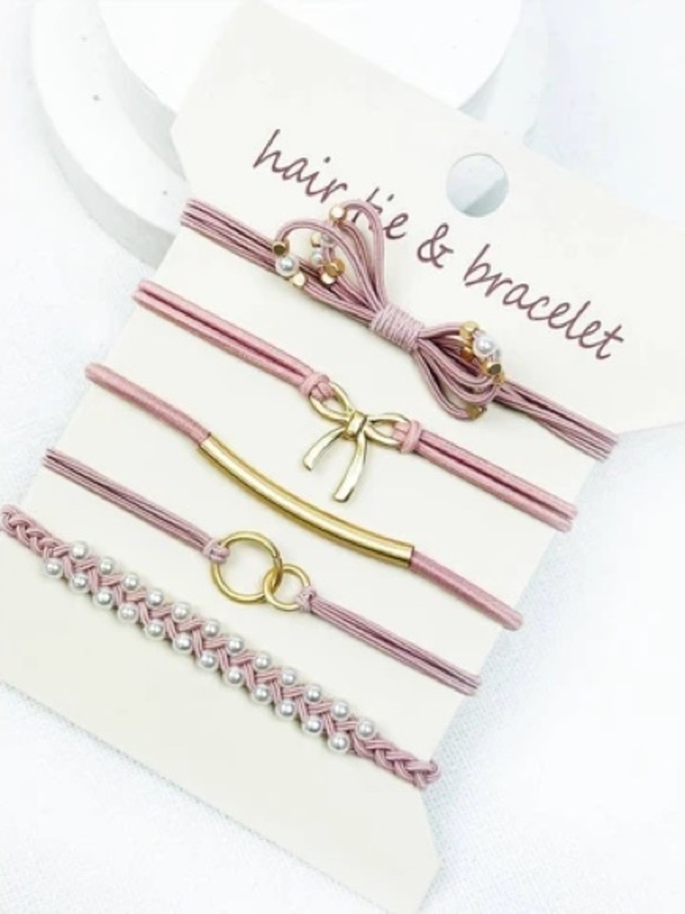 Women's Pink Bow & Pearl Accent Bracelet Set